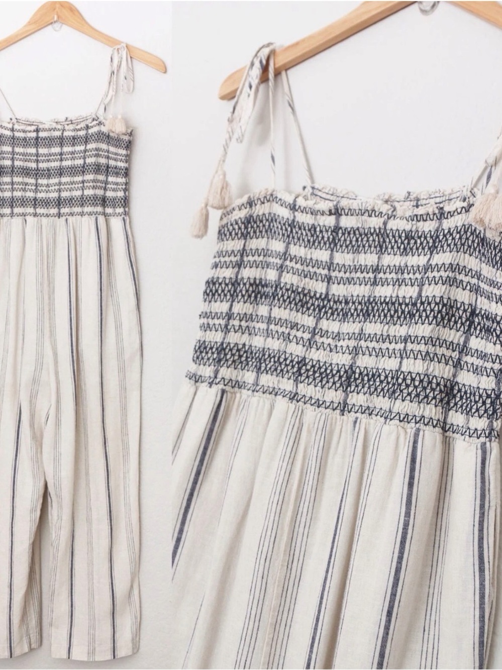 Madewell Cream Jumpsuit with Navy Stripe Smocking